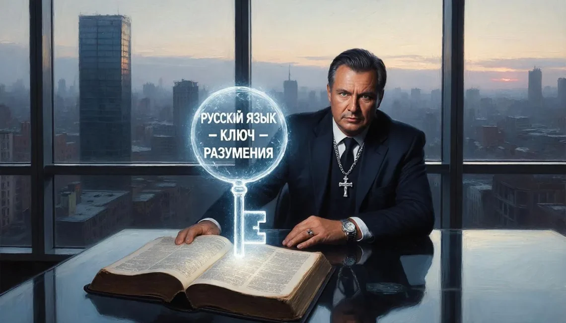 магический реализм, гипердетализация, контрастное освещение. Портрет респектабельного бизнесмена в минималистичном кабинете с видом на рассветный мегаполис. На стеклянном столе — древняя Библия. Над ней парит светящийся хрустальный ключ с русским алфавитом внутри, и сама фраза «РУССКИЙ ЯЗЫК – КЛЮЧ РАЗУМЕНИЯ» будто составляет его внутреннюю суть, мерцая в такт буквам. Детали: платиновые часы, массивная платиновая цепь с крестом на шее. Атмосфера загадочности и интеллектуальной силы.
